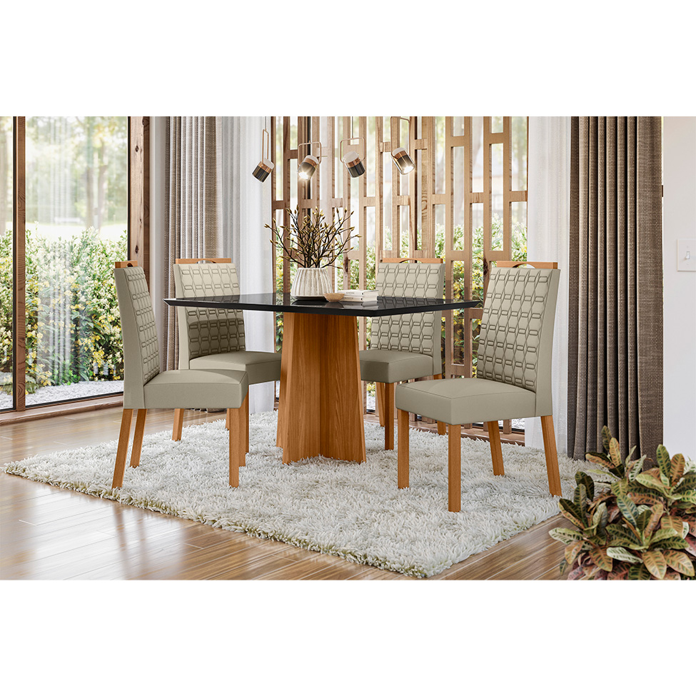 Conjunto de Mesa Retangular com Tampo de Vidro Preto Anitta e 4 Cadeiras Mariah Poliéster Nude e Ypê