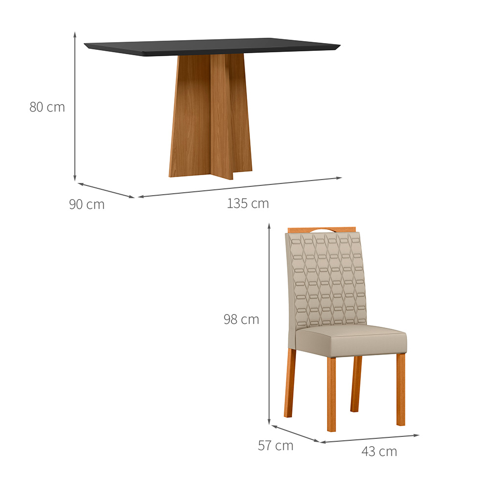 Conjunto de Mesa Retangular com Tampo de Vidro Preto Anitta e 4 Cadeiras Mariah Poliéster Nude e Ypê