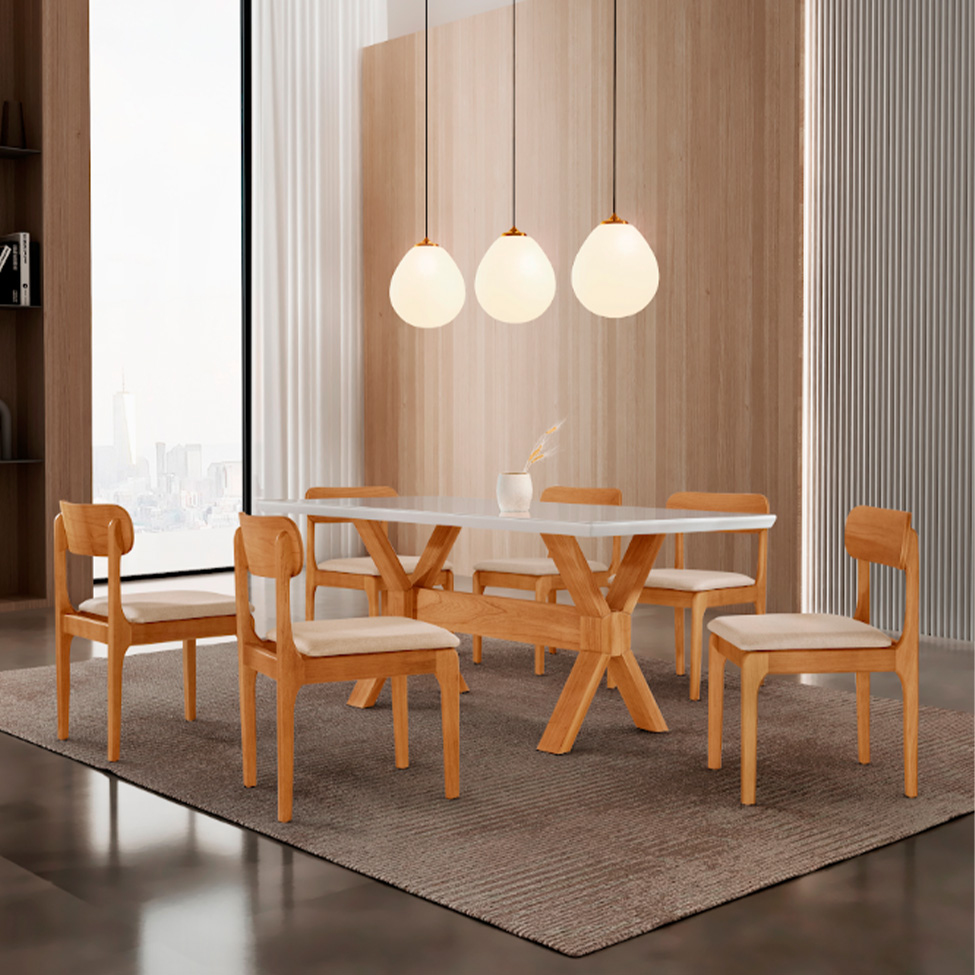 Conjunto de Mesa Retangular com Tampo de Vidro e 6 Cadeiras Cecília Linho Off White e Cinamomo