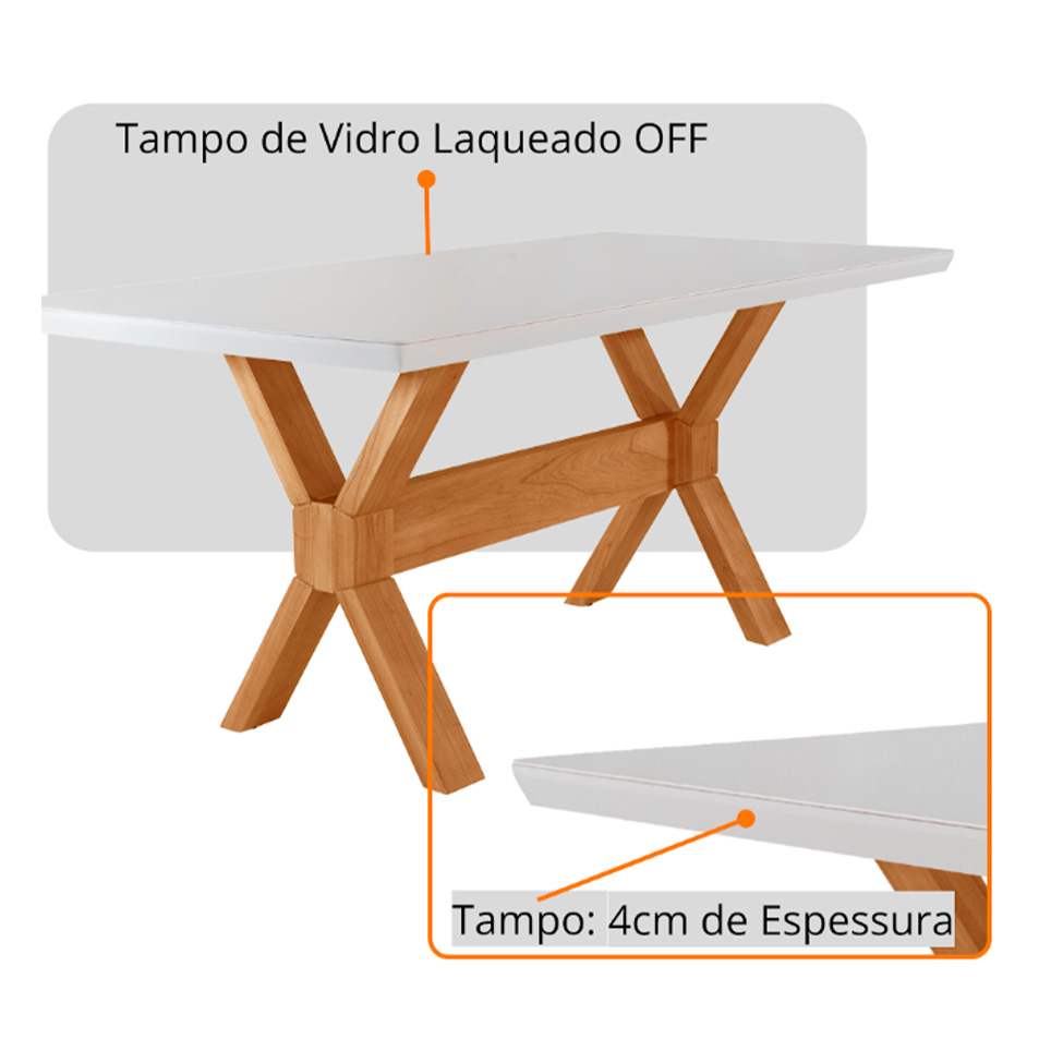 Conjunto de Mesa Retangular com Tampo de Vidro e 6 Cadeiras Cecília Linho Off White e Cinamomo