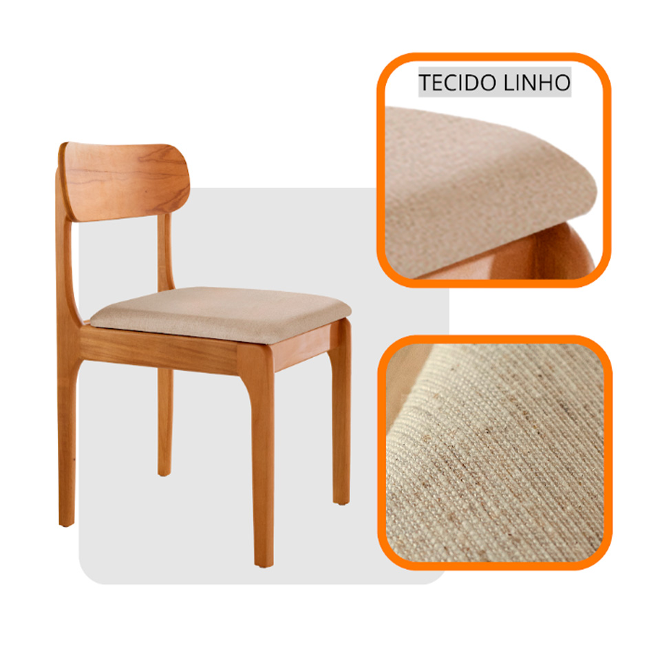 Conjunto de Mesa Retangular com Tampo de Vidro e 6 Cadeiras Cecília Linho Off White e Cinamomo