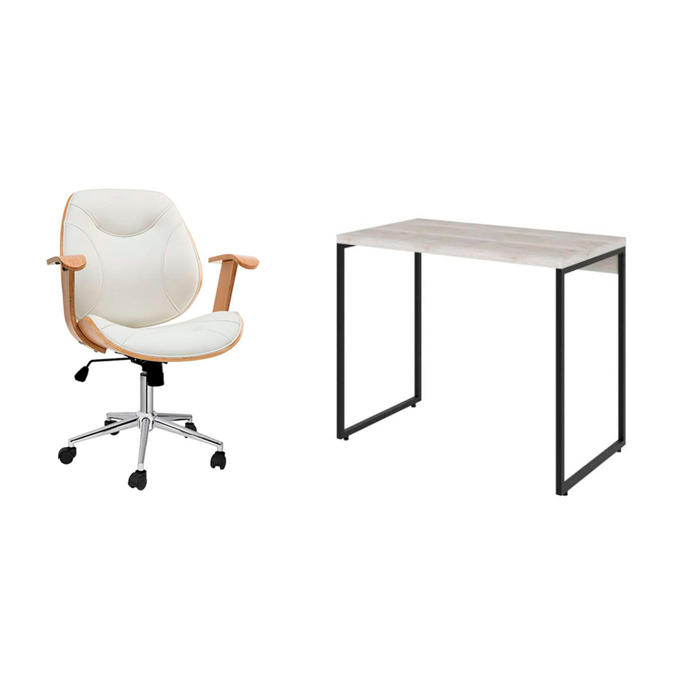 Conjunto de Mesa Studio Bege com Cadeira de Escritório Diretor Giratória Antonella Branca