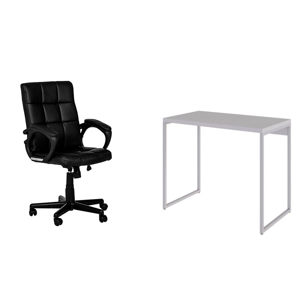 Conjunto de Mesa Studio Branca com Cadeira de Escritório Diretor Giratória Charles Preta