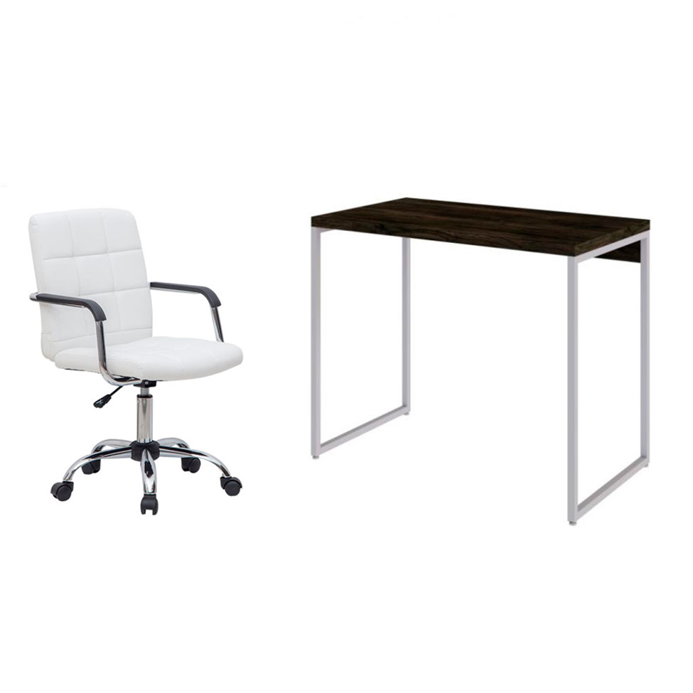 Conjunto de Mesa Studio Carvalho Dark e Branca com Cadeira de Escritório Secretária Giratória Fitz Branca