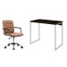 Conjunto de Mesa Studio Carvalho Dark e Branca com Cadeira de Escritório Secretária Giratória Fitz Marrom