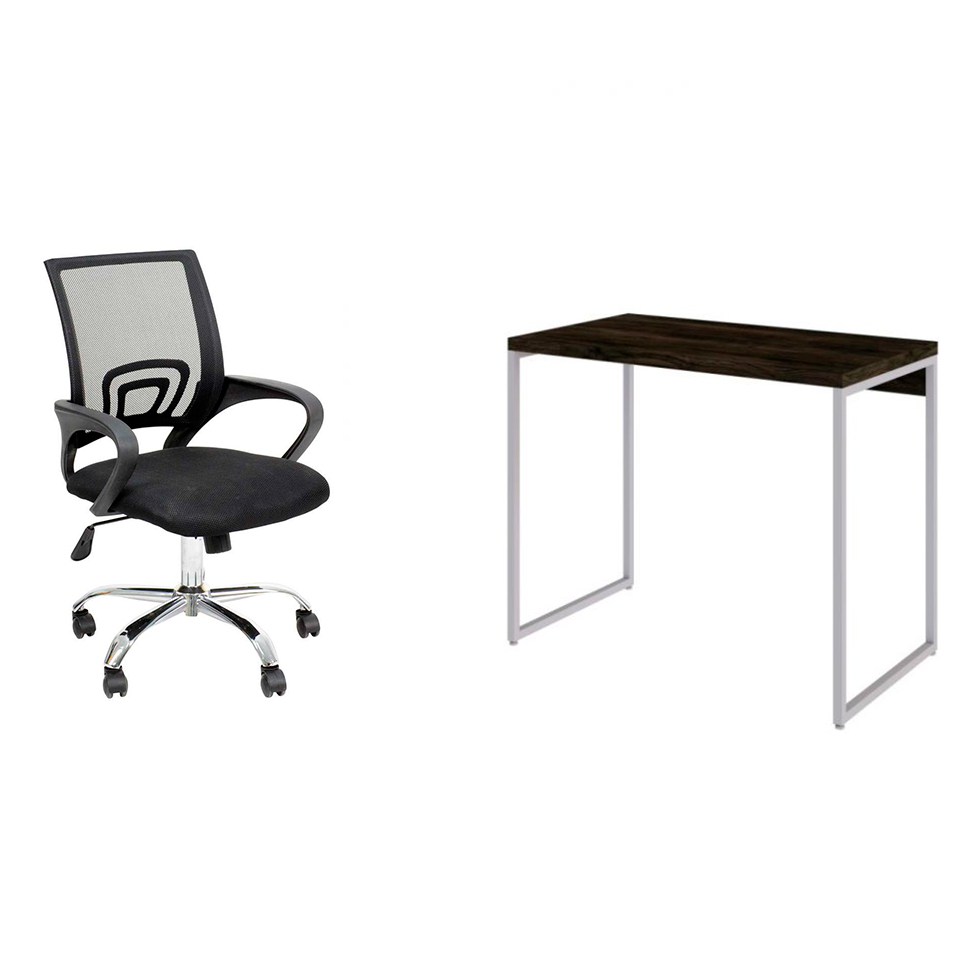 Conjunto de Mesa Studio Carvalho Dark e Branca com Cadeira de Escritório Secretária Giratória New Java Preta