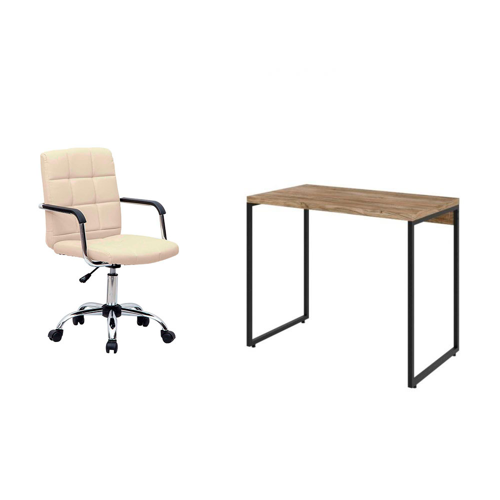 Conjunto de Mesa Studio Carvalho com Cadeira de Escritório Secretária Giratória Fitz Bege