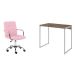 Conjunto de Mesa Studio Carvalho e Branca com Cadeira de Escritório Secretária Giratória Fitz Rosa