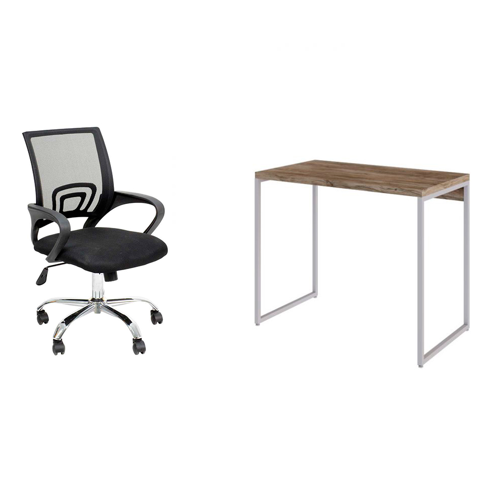 Conjunto de Mesa Studio Carvalho e Branca com Cadeira de Escritório Secretária Giratória New Java Preta