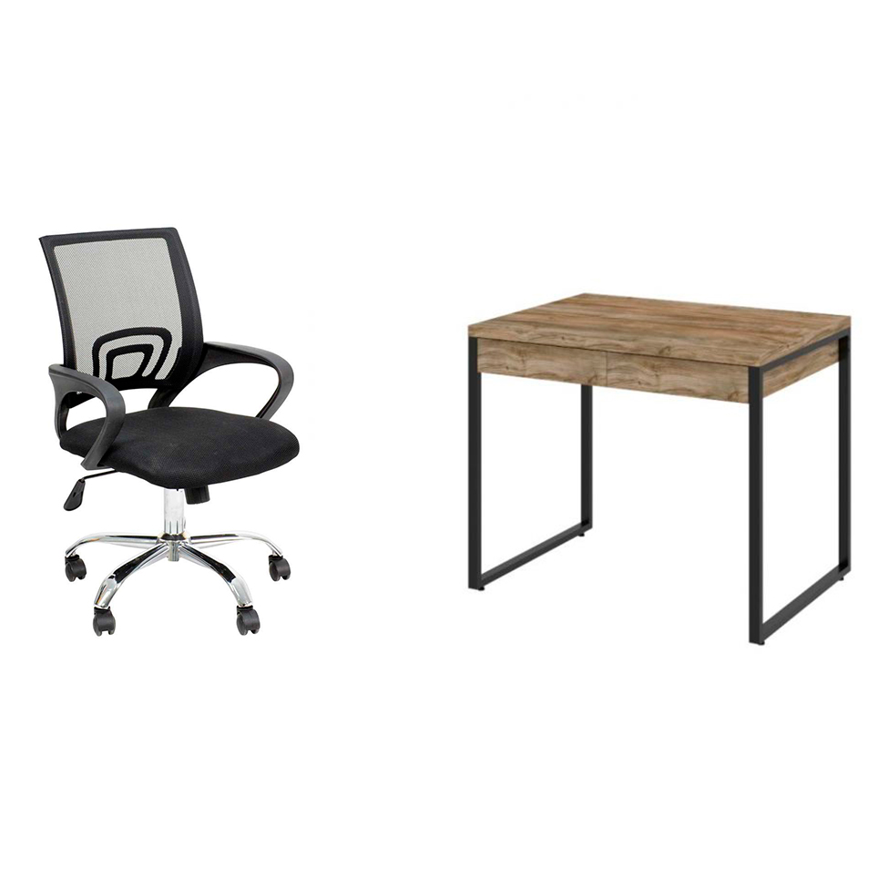 Conjunto de Mesa Studio Kuadra 2 GV Carvalho com Cadeira de Escritório Secretária Giratória New Java Preta