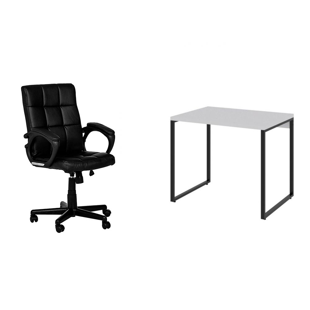 Conjunto de Mesa Studio Kuadra Branca com Cadeira de Escritório Diretor Giratória Charles Preta