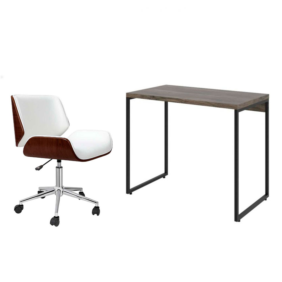 Conjunto de Mesa Studio Marrom Escuro com Cadeira de Escritório Diretor Giratória Lauren Branca