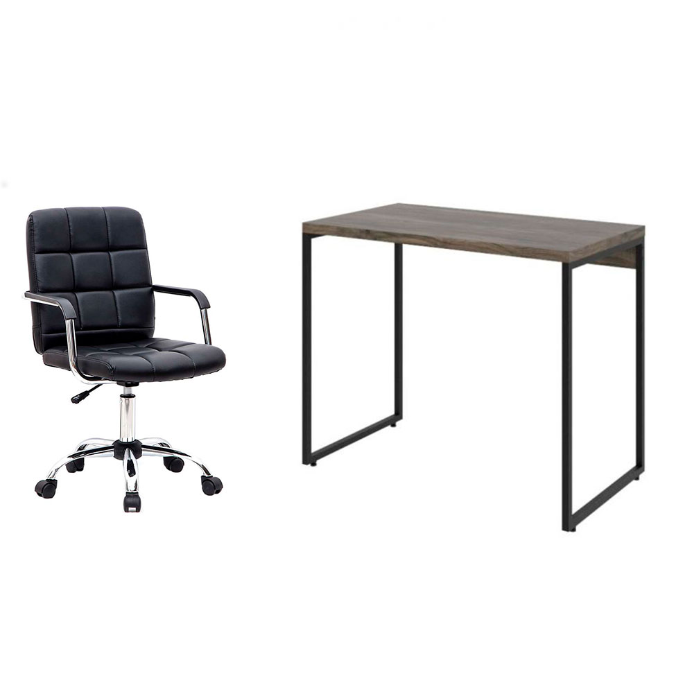 Conjunto de Mesa Studio Marrom Escuro com Cadeira de Escritório Secretária Giratória Fitz Preta