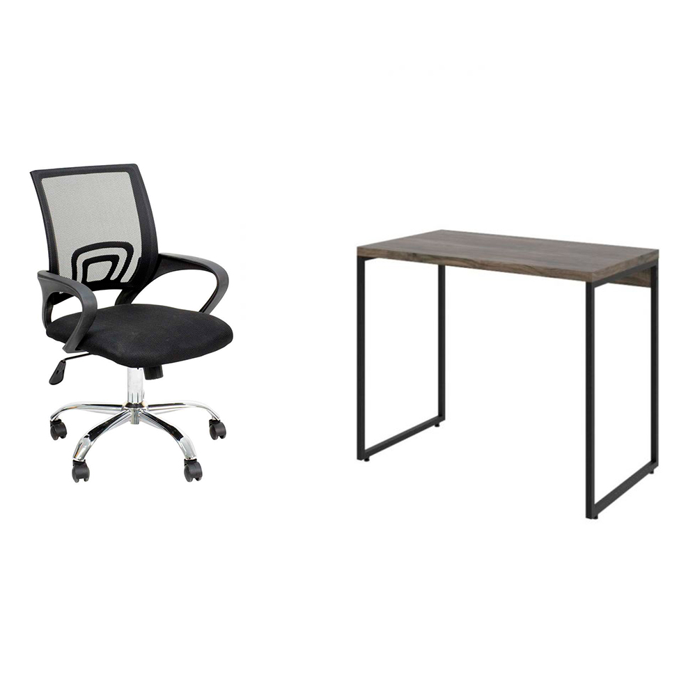 Conjunto de Mesa Studio Marrom Escuro com Cadeira de Escritório Secretária Giratória New Java Preta