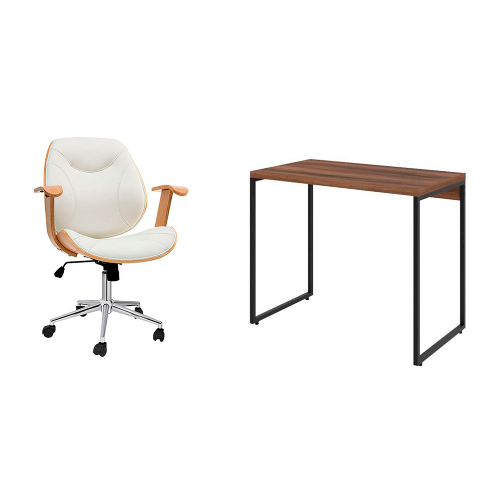 Conjunto de Mesa Studio Nogal com Cadeira de Escritório Diretor Giratória Antonella Branca