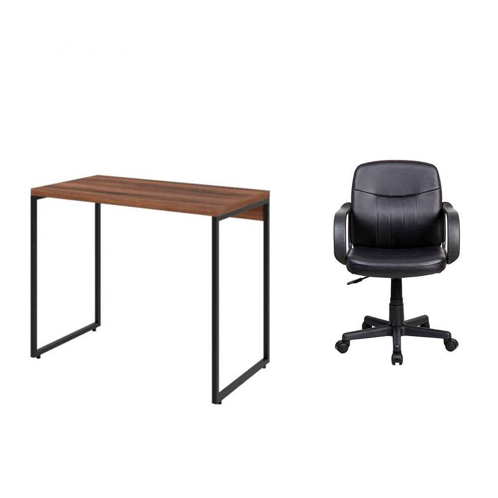 Conjunto de Mesa Studio Nogal com Cadeira de Escritório Secretária Giratória Clean Preta
