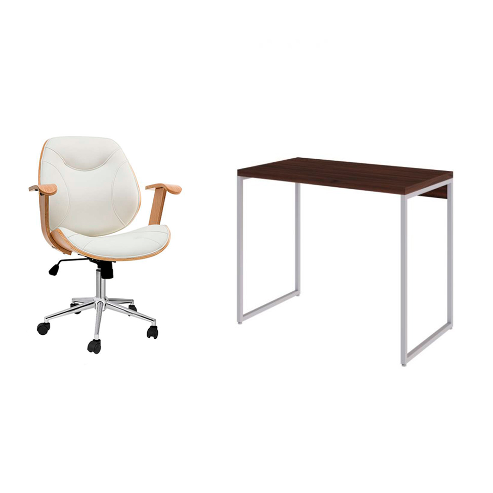 Conjunto de Mesa Studio Nogal e Branca com Cadeira de Escritório Diretor Giratória Antonella Branca