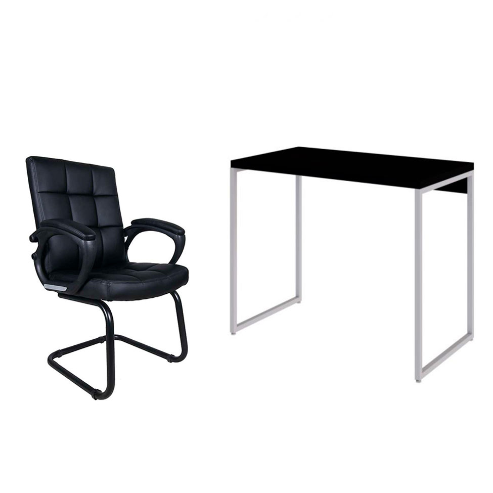 Conjunto de Mesa Studio Preta e Branca com Cadeira de Escritório Interlocutor Fixa Charles Preta