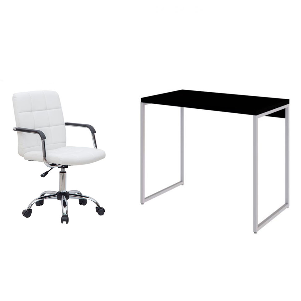 Conjunto de Mesa Studio Preta e Branca com Cadeira de Escritório Secretária Giratória Fitz Branca