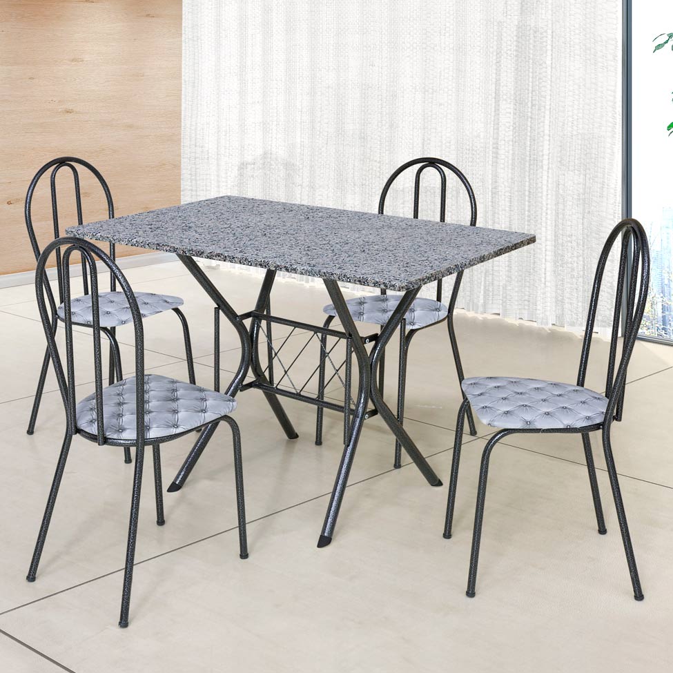Conjunto de Mesa com 4 Cadeiras Bruna Craqueado Preto e Estampa Capitonê