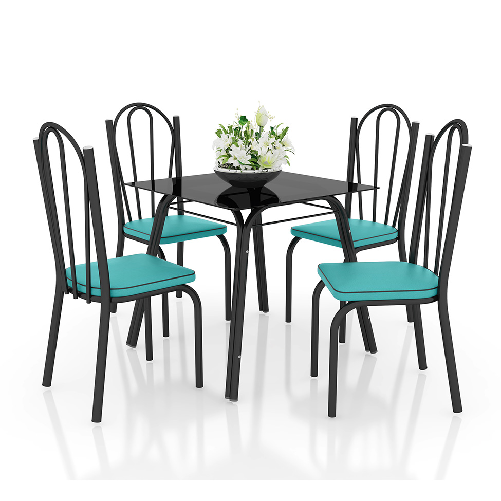 Conjunto de Mesa com 4 Cadeiras Lotus I Preto Fosco com Azul