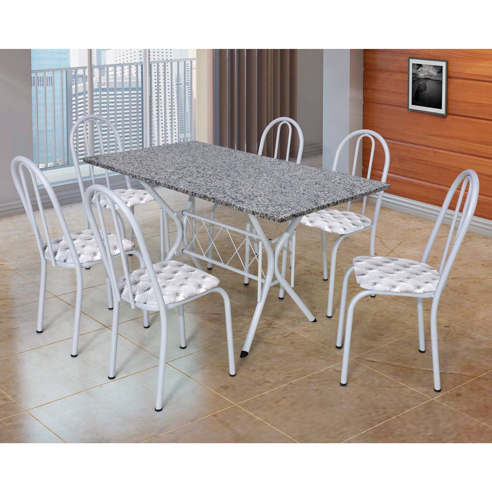 Conjunto de Mesa com 6 Cadeiras Bruna Branco e Estampa Capitonê