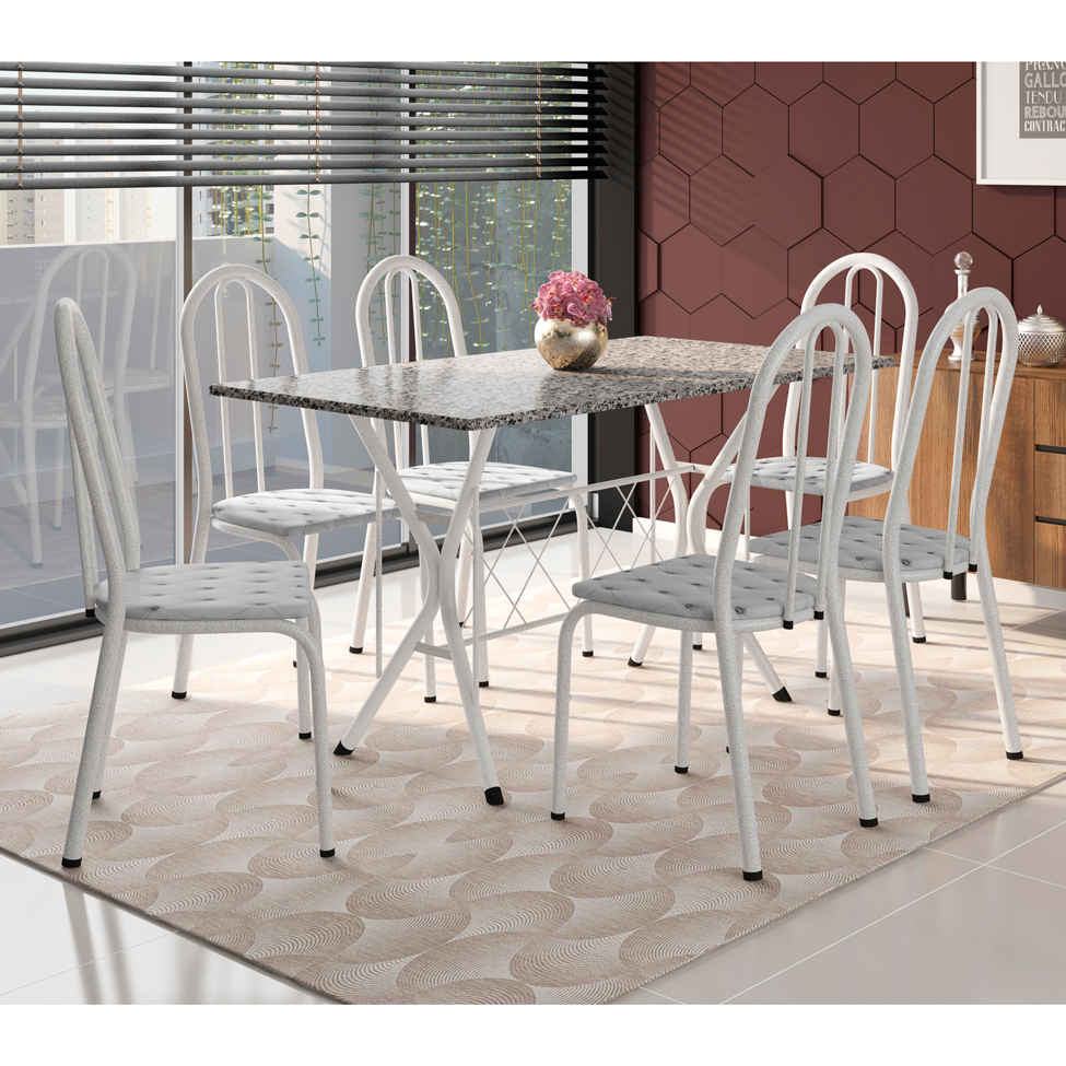 Conjunto de Mesa com 6 Cadeiras Bruna Cinza e Estampa Capitonê