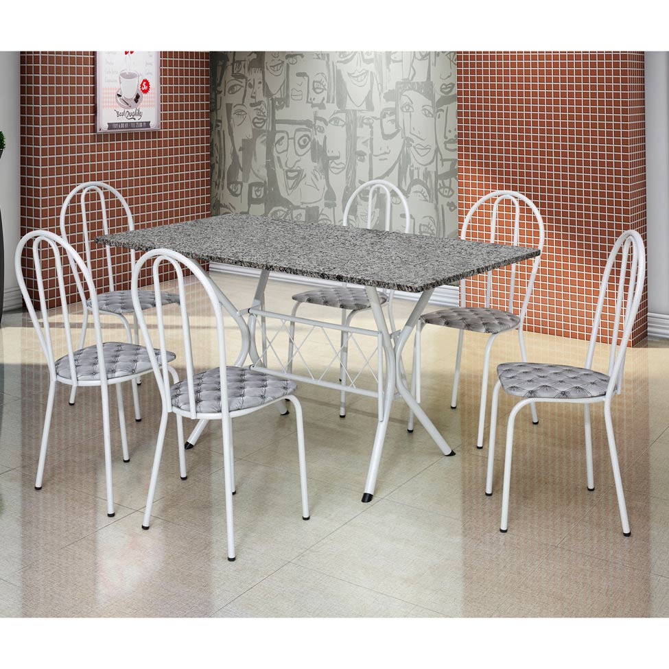Conjunto de Mesa com 6 Cadeiras Bruna Cinza e Estampa Capitonê