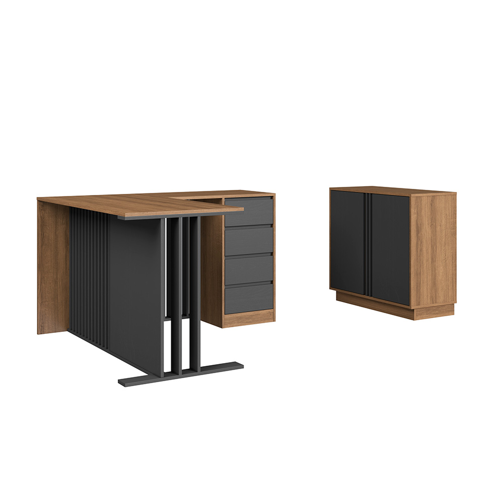 Conjunto de Mesa de Escritório em L e Armário Office 2 Portas 4 Gavetas Mel e Grafite