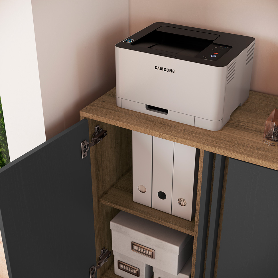 Conjunto de Mesa de Escritório em L e Armário Office 2 Portas 4 Gavetas Mel e Grafite