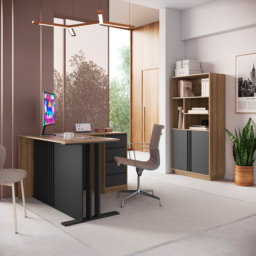 Conjunto de Mesa de Escritório em L e Armário Office com Nichos 2 Portas 4 Gavetas Mel e Grafite