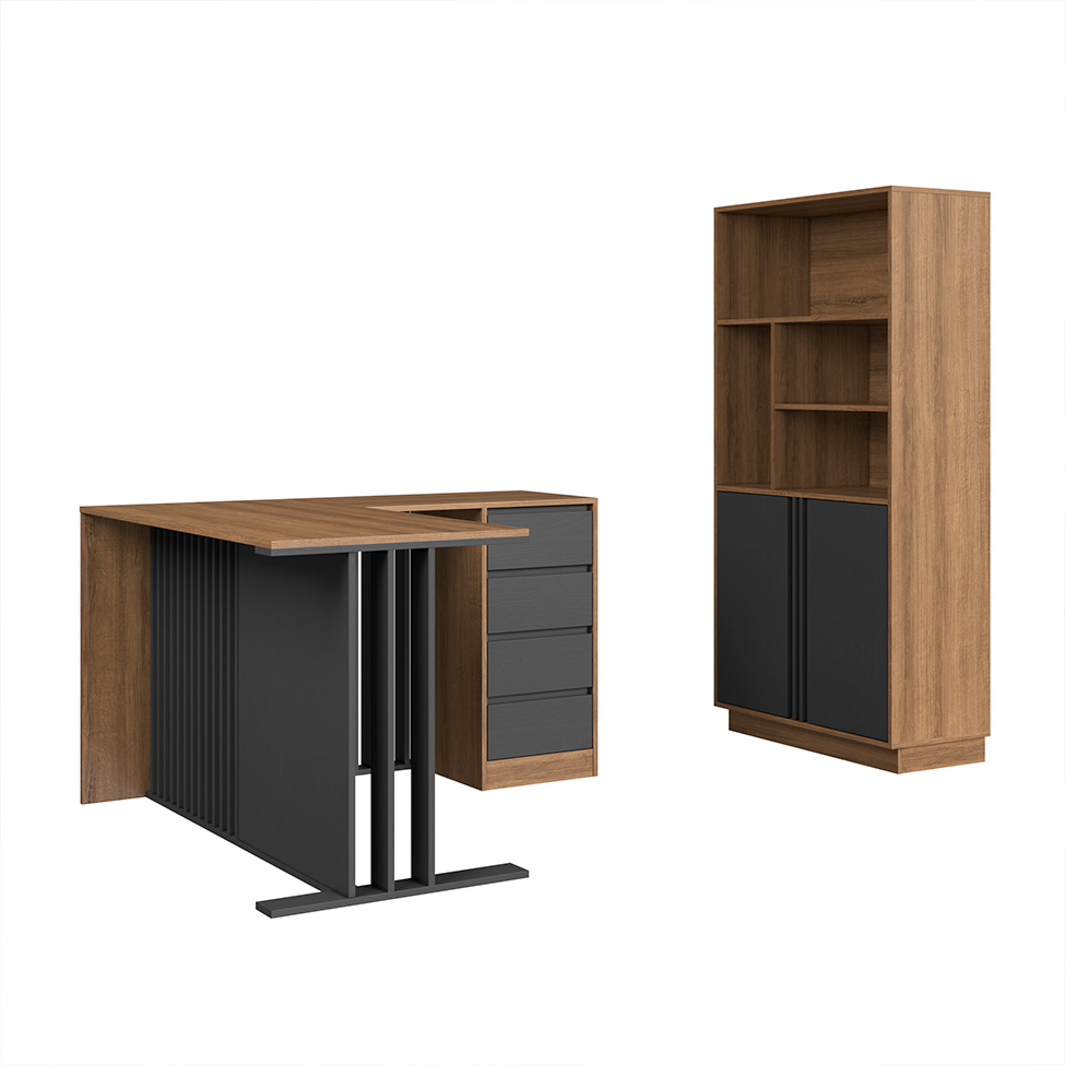 Conjunto de Mesa de Escritório em L e Armário Office com Nichos 2 Portas 4 Gavetas Mel e Grafite