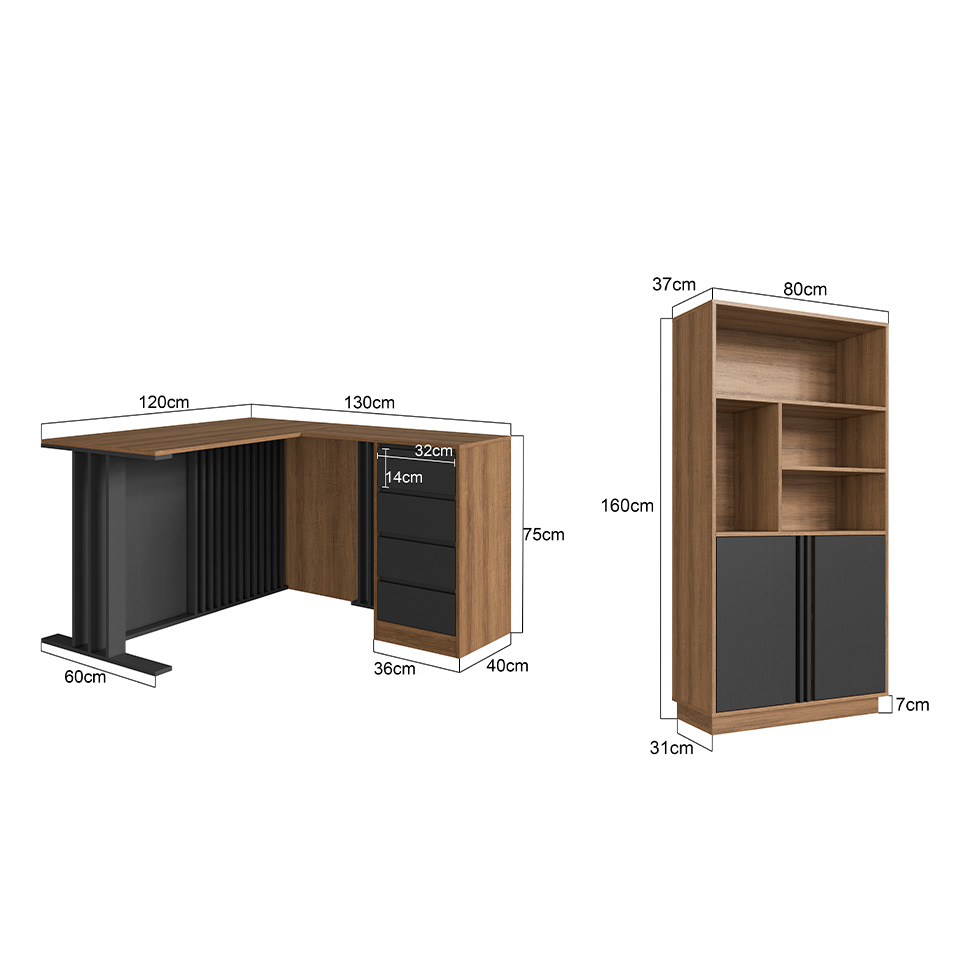Conjunto de Mesa de Escritório em L e Armário Office com Nichos 2 Portas 4 Gavetas Mel e Grafite