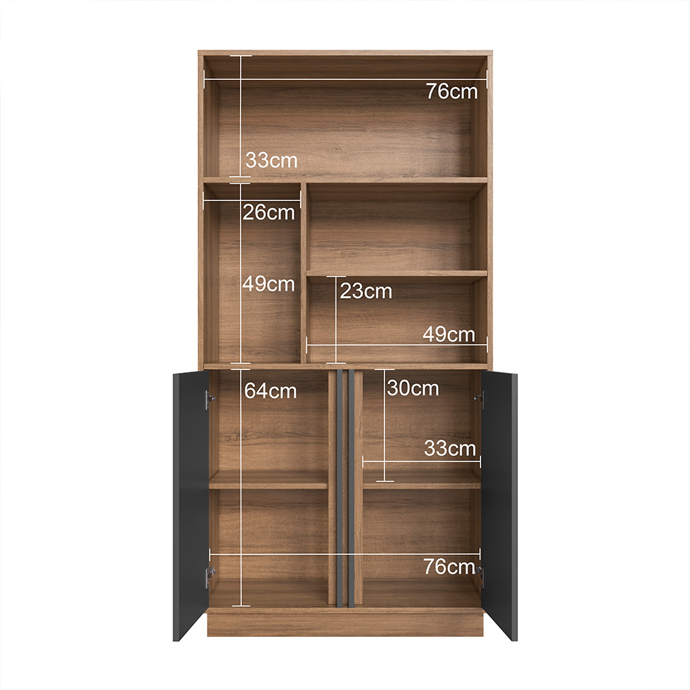 Conjunto de Mesa de Escritório em L e Armário Office com Nichos 2 Portas 4 Gavetas Mel e Grafite