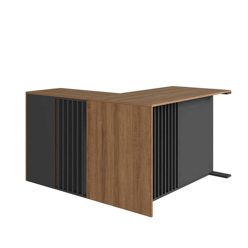 Conjunto de Mesa de Escritório em L e Armário Office com Nichos 2 Portas 4 Gavetas Mel e Grafite