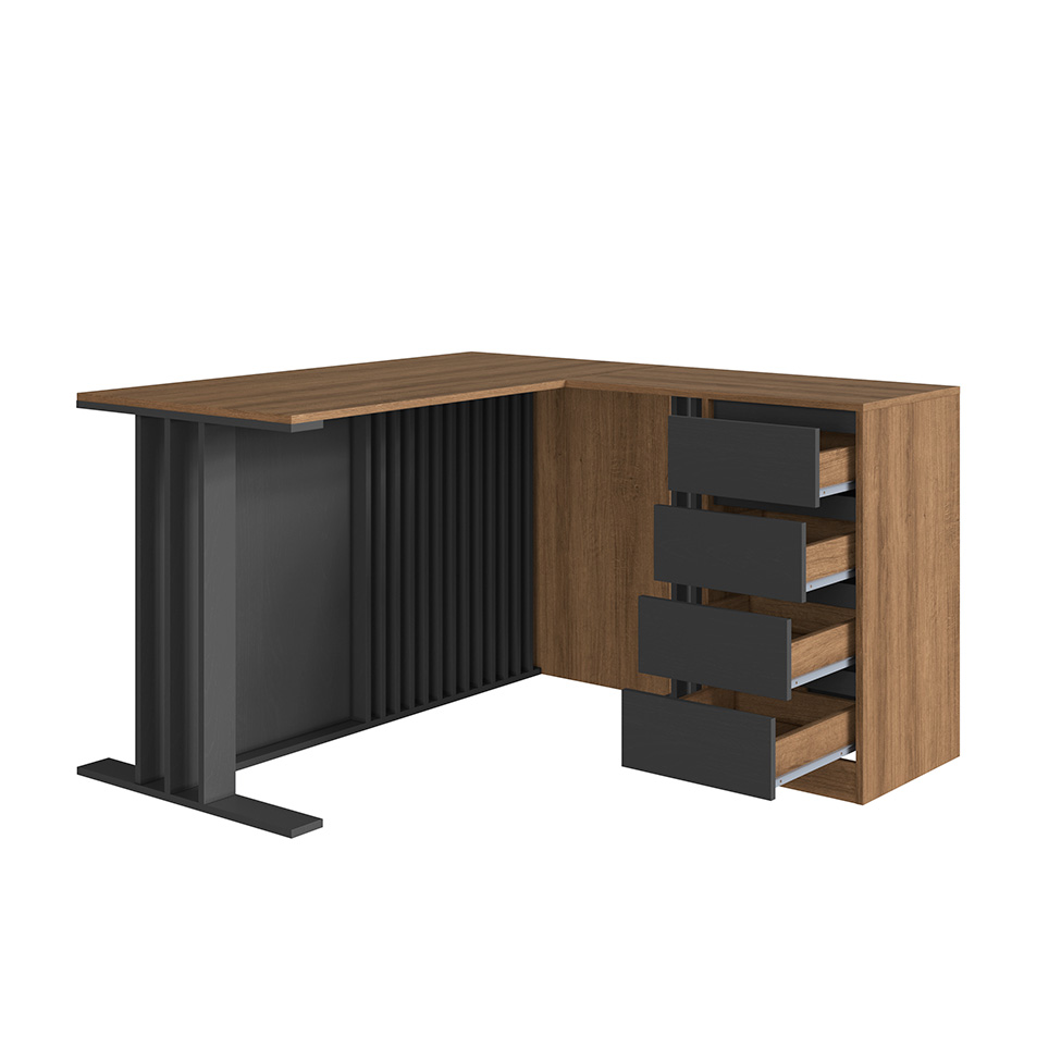 Conjunto de Mesa de Escritório em L e Armário Office com Nichos 2 Portas 4 Gavetas Mel e Grafite