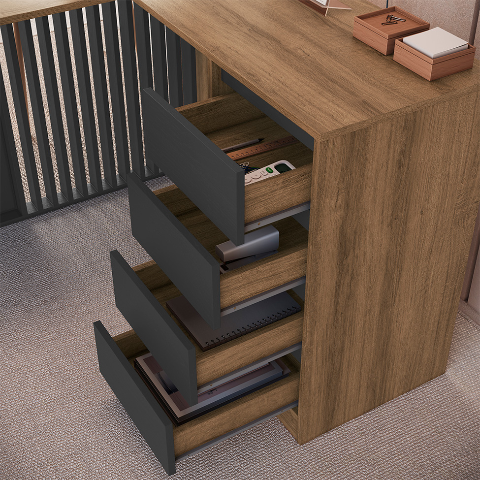 Conjunto de Mesa de Escritório em L e Armário Office com Nichos 2 Portas 4 Gavetas Mel e Grafite