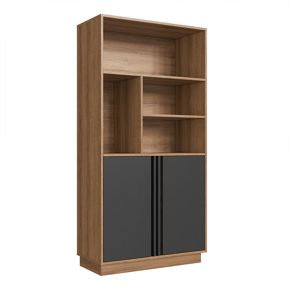 Conjunto de Mesa de Escritório em L e Armário Office com Nichos 2 Portas 4 Gavetas Mel e Grafite