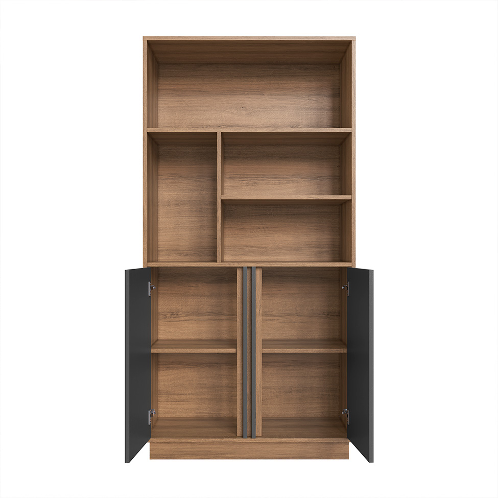 Conjunto de Mesa de Escritório em L e Armário Office com Nichos 2 Portas 4 Gavetas Mel e Grafite