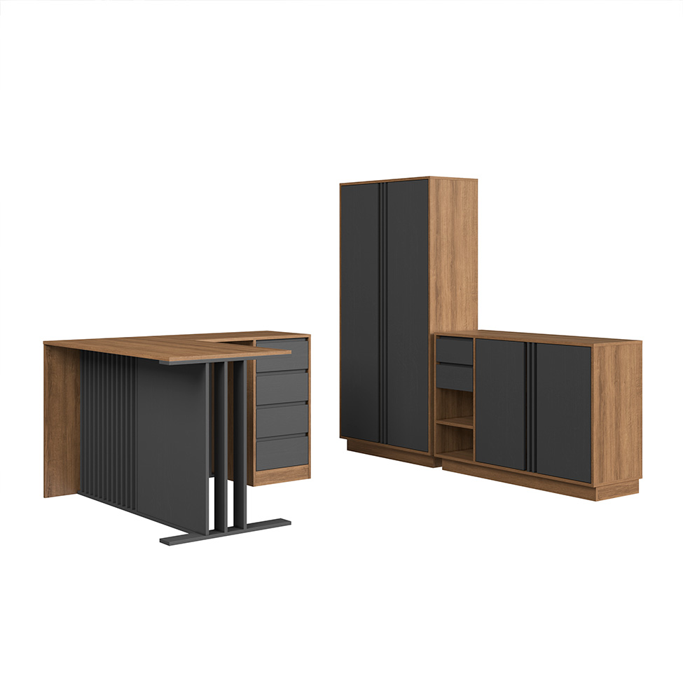 Conjunto de Mesa de Escritório em L e Armários Office 4 Portas 6 Gavetas Mel e Grafite