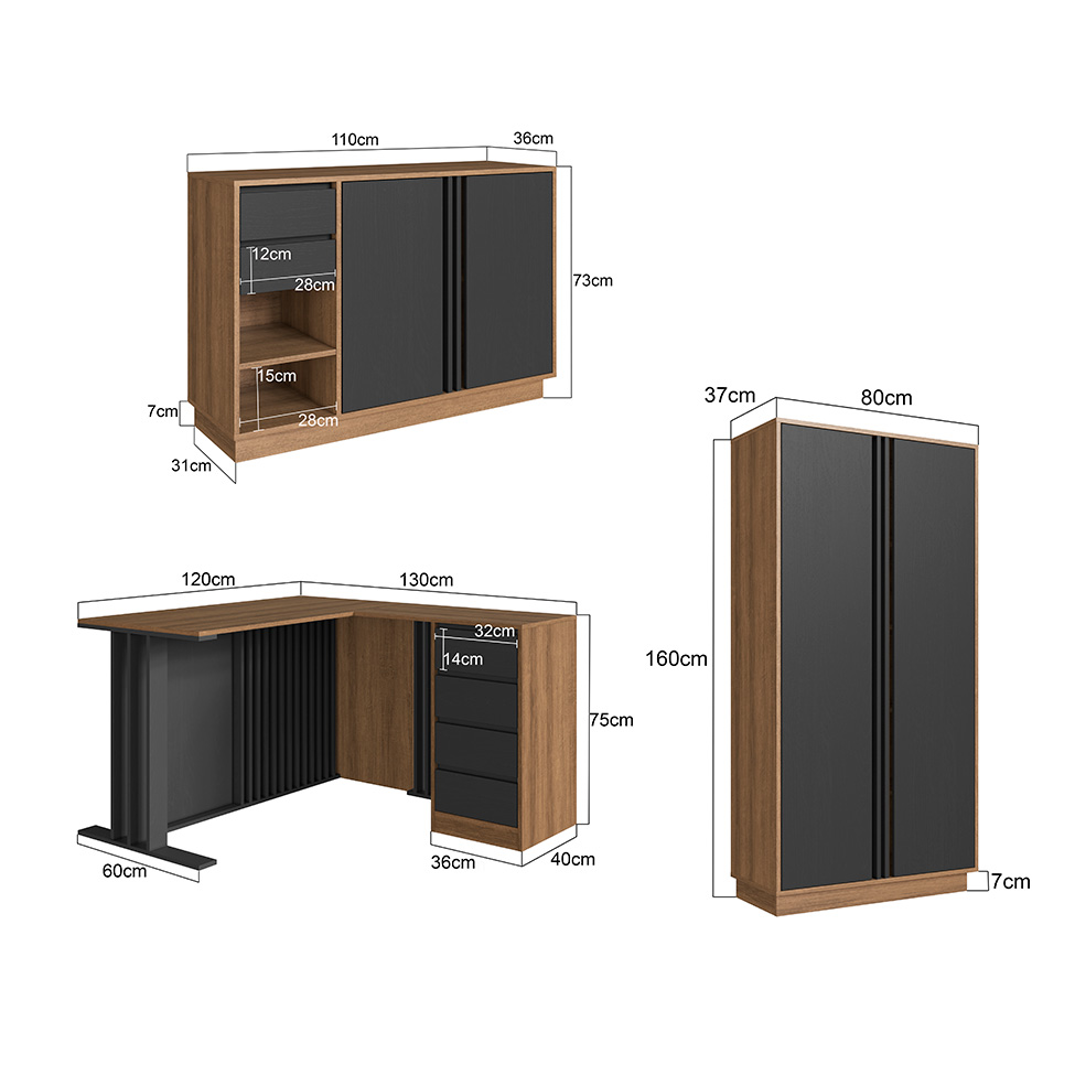 Conjunto de Mesa de Escritório em L e Armários Office 4 Portas 6 Gavetas Mel e Grafite