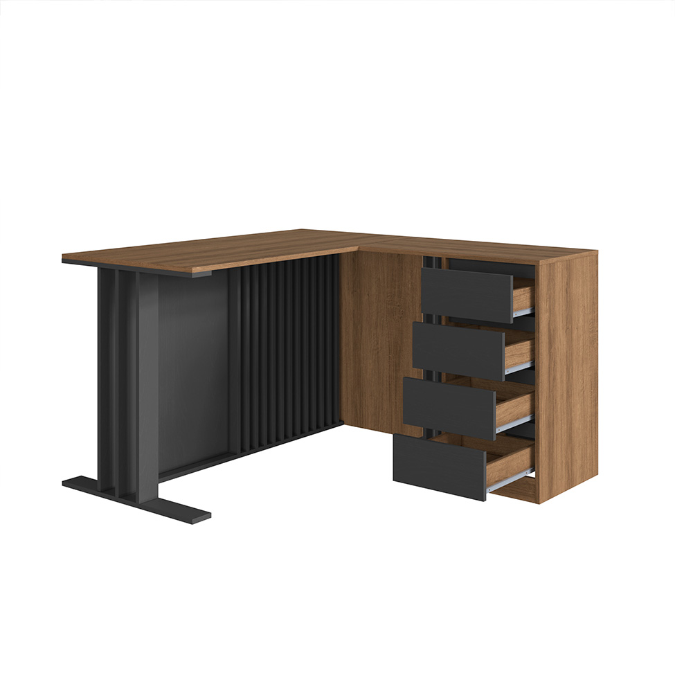 Conjunto de Mesa de Escritório em L e Armários Office 4 Portas 6 Gavetas Mel e Grafite