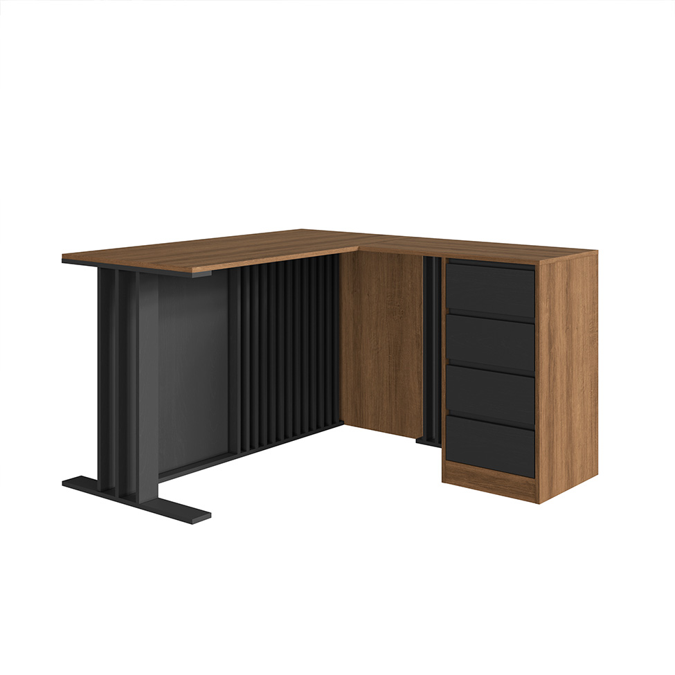 Conjunto de Mesa de Escritório em L e Armários Office 4 Portas 6 Gavetas Mel e Grafite