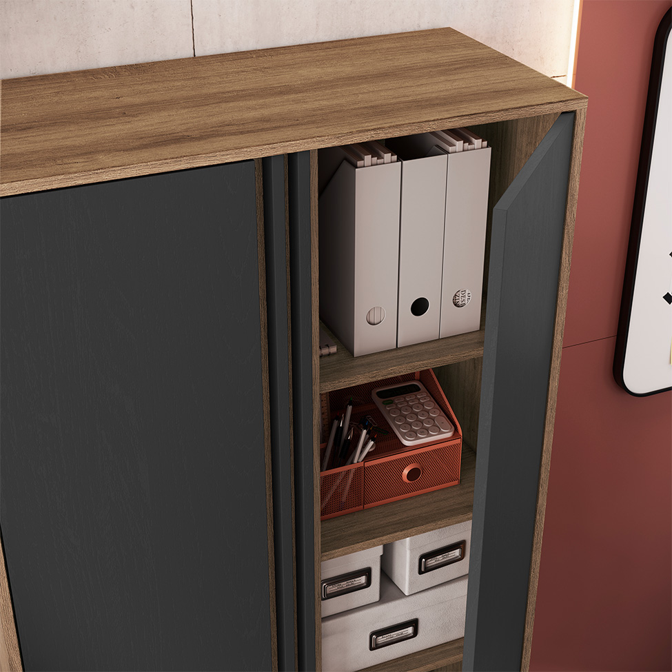 Conjunto de Mesa de Escritório em L e Armários Office 4 Portas 6 Gavetas Mel e Grafite