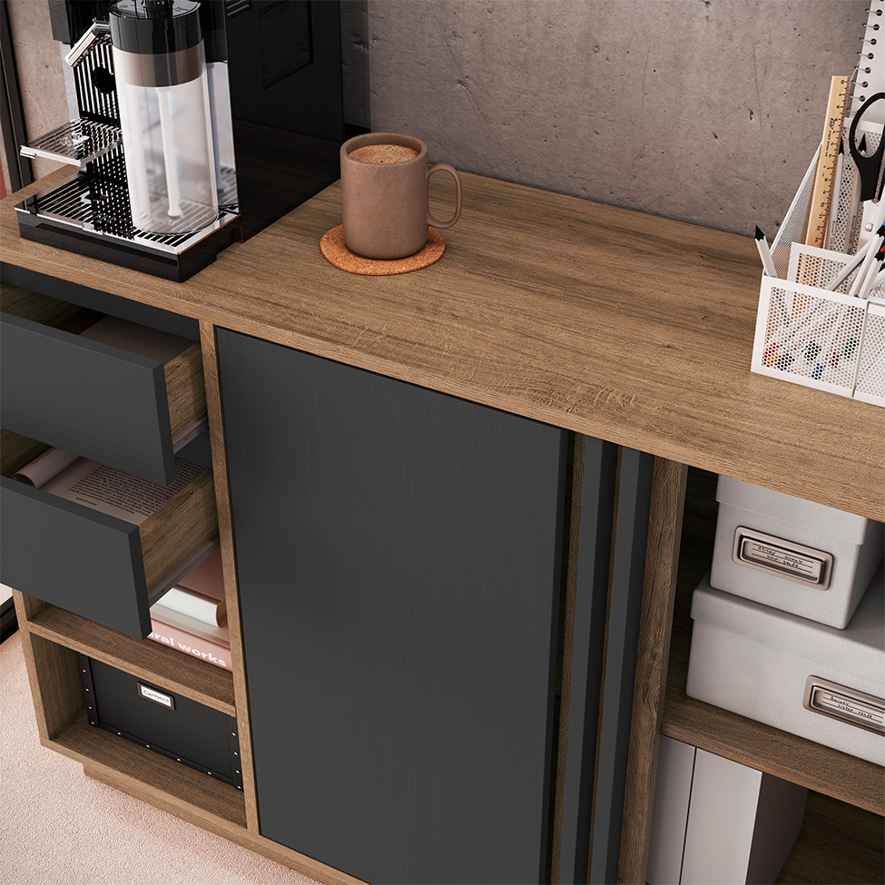 Conjunto de Mesa de Escritório em L e Armários Office 4 Portas 6 Gavetas Mel e Grafite