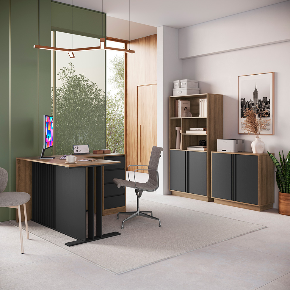 Conjunto de Mesa de Escritório em L e Armários Office com Nichos 4 Portas 6 Gavetas Mel e Grafite