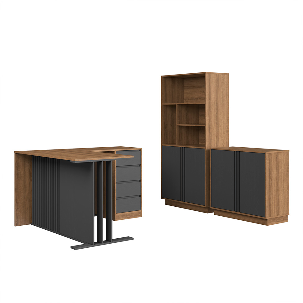 Conjunto de Mesa de Escritório em L e Armários Office com Nichos 4 Portas 6 Gavetas Mel e Grafite