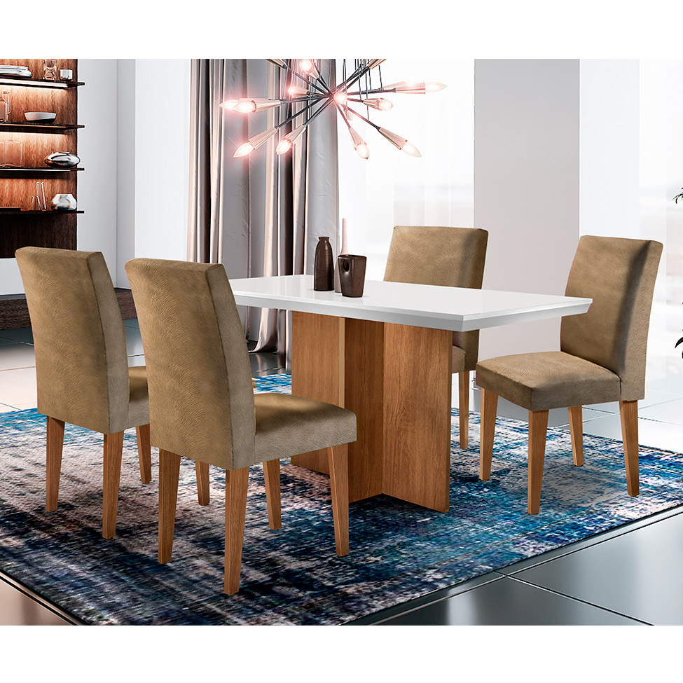 Conjunto de Mesa de Jantar Ane com 4 Cadeiras Estofadas Grécia I Animalle Off White e Chocolate