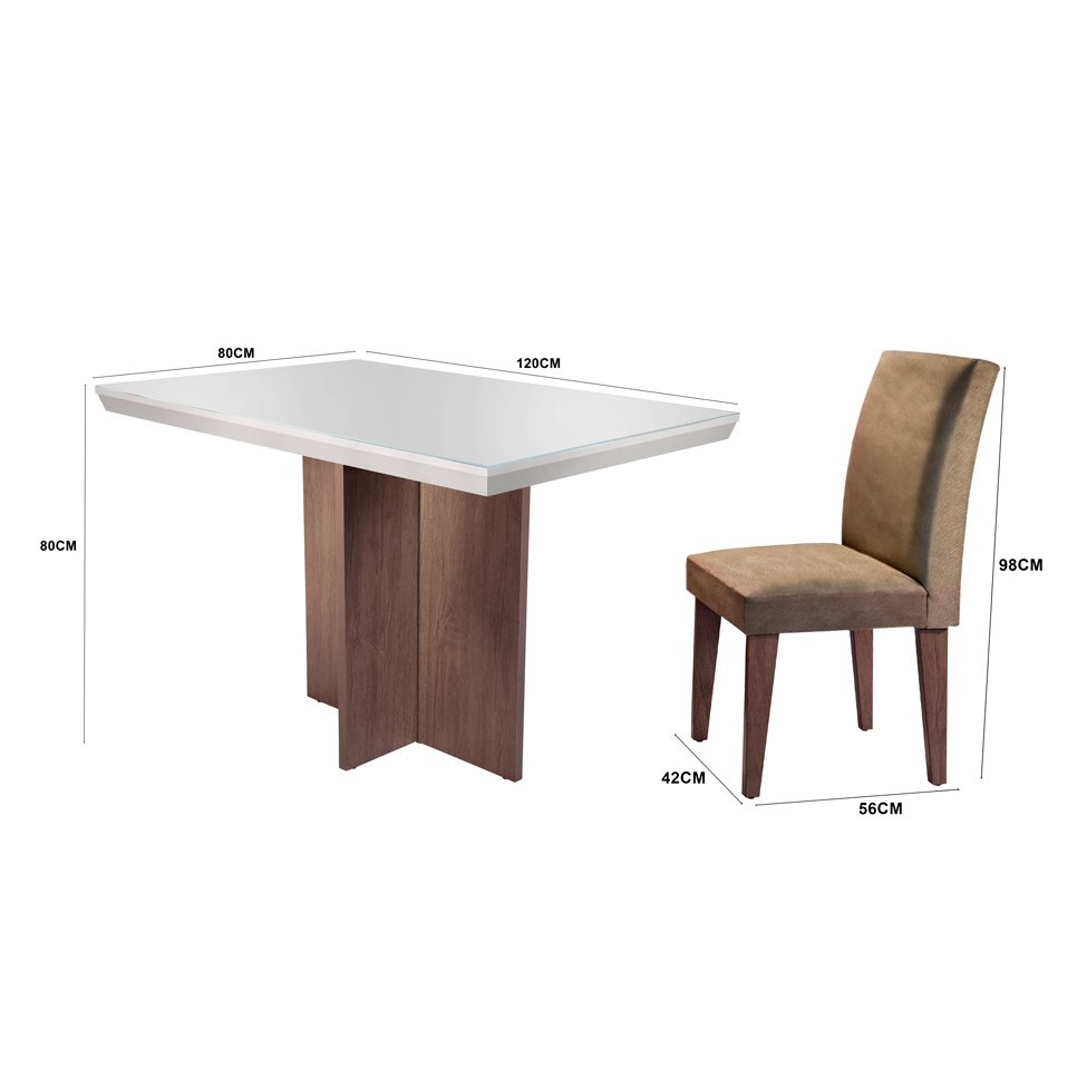 Conjunto de Mesa de Jantar Berlim I com Tampo de Vidro Off White e 4 Cadeiras Grécia Animalle Chocolate