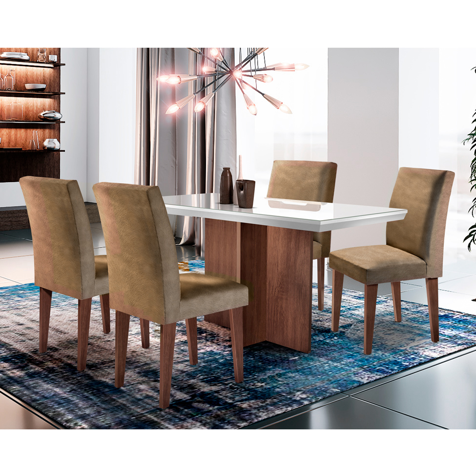 Conjunto de Mesa de Jantar Berlim I com Tampo de Vidro Off White e 4 Cadeiras Grécia Animalle Chocolate